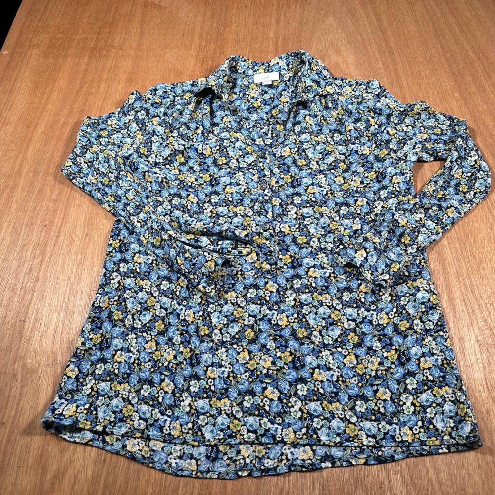 J. Jill Button Down Blouse Women XS Blue Floral Sheer Lightweight Long Sleeve